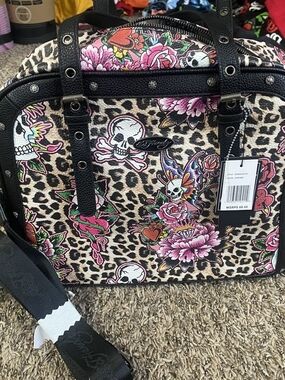 Ed Hardy Leopard Skull & Floral Travel Tote in Pink, Black & Beige
